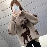 Deer Deed Jaded Sweater Women's Jacket Head 2025 Autumn And Winter New Loose Round Collar Wear Knitted Women's Top Cover HZ0108