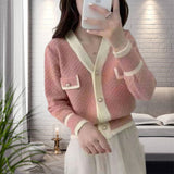 Small Fragrant Knitted Sweater Women 2025 Spring And Autumn New Hit-Colored Cardigan Jacket Casual Temperament V Collar Blouse Tide HZ0108