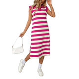2025 Summer Striped Pocket New Collar Sleeveless Long Dress HZ0108