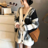 2025 Women's Languid Style Design Relaxed V-Neck Bump Color Long Single Buckle Knit Sweater Open Shirt Jacket HZ0108