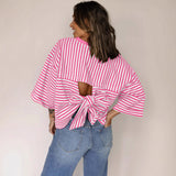 2026 New Lady Round Neck Striped Back With Bow Knitting Top HZ0108