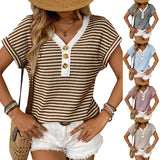 2025 Summer New Lady Splicing Knit V Collar Button Cover Short Sleeve HZ0108