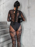 2025 New Women's High-Needle Lace Sexy Hollow Black Jumpsuit HZ0108