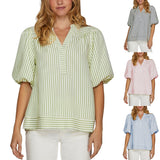 Women's Shirt 2025 New V-Neck Splicing Bubble Sleeve Striped Top HZ0108