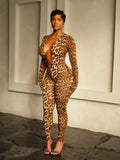 Autumn 2025 New Women's Sexy Hot Girl Tights Hips Long-Sleeved Leopard Print Jumpsuits HZ0108