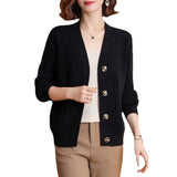 2025 Autumn And Winter V-Neck Solid-Colored Cardigan Simple Loose Middle-Age Mother Long-Sleeved Knitted Sweater Women's Casual Coat HZ0108