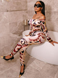 2025 Summer Sexy Hot Girl Print A Word Shoulder Tight Waist Raised Hip Print Conjoined Trousers HZ0108