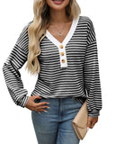 TK2025 New Lady V-Neck Button Casing Splicing Casual Long-Sleeved Color T-Shirt HZ0108