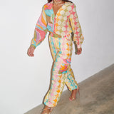 2026 Spring Women's V-Neck Printed Painted Lantern Sleeve Temperament Commer's Elegance Commerity Casual Set HZ0108