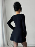 Pure-Want Hottie Temperament V Collar Long Sleeve Knitted Waist Thin Dress A Word Loose Dress HZ0108