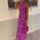 2025 New Hanging Neck Sleeveless Dress Bare Back High-Rise Printed Long Dress Famous Wind Thin HZ0108