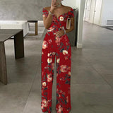 2025 New Commuting Women's Single-Word Shoulder-Print Trousers Sexy High-Waisted Jumpsuit HZ0108