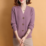 2025 Autumn And Winter V-Neck Solid-Colored Cardigan Simple Loose Middle-Age Mother Long-Sleeved Knitted Sweater Women's Casual Coat HZ0108