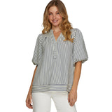 Women's Shirt 2025 New V-Neck Splicing Bubble Sleeve Striped Top HZ0108