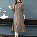 2025 New French Knitted Fashion Dress Autumn And Winter Temperament Long Sweater Skirt Half-High Collar HZ0108