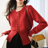 Korean Version Of The Round-Neck Short Metal Buckle Knitted Cardigan Women 2025 New Magenta Red High-End Sweater Jacket HZ0108