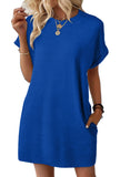 2025 Summer New Loose Round Collar Pocket Solid Color Short-Sleeved Dress Woman HZ0108