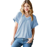 2025 Tiktok Casual Pit Strips Knitted Loose V-Neck Short-Sleeved T-Shirt HZ0108