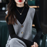 2025 Spring And Autumn V-Neck Dress Women's Vest Vest Knitted Long Sweater Bottom Sweater Skirt Sleeveless HZ0108