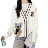 Crash V-Neck Embroidered Bear Knitted Cardigan Women's Autumn And Winter New College Style Loose Lazy Sweater Jacket HZ0108