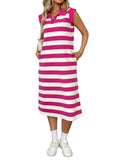 2025 Summer Striped Pocket New Collar Sleeveless Long Dress HZ0108