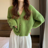 Korean Gentle Wind Solid Color Simple Jump Sweater Women's Coat Spring And Autumn New Slim Slim Short Knitted Open Shirt HZ0108