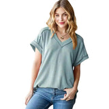 2025 Tiktok Casual Pit Strips Knitted Loose V-Neck Short-Sleeved T-Shirt HZ0108