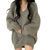 2025 Spring And Autumn Women's Korean Version Of Loose V-Neck Sweater Women's Long Lazy Knitted Sweater HZ0108
