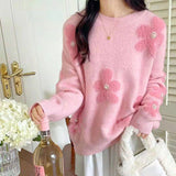 Round-Necked Sweater Women's Autumn And Winter High Sense 2025 New Trendy Fashion Three-Dimensional Flower Nail Bead Knitted Shirt HZ0108