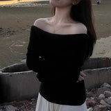 French High-Level Sense Shoulder Long-Sleeved Knitted Shirt Spring Temperament Gentle And Elegant Shoulder Chic Beautiful Little Blouse Tide HZ0108