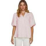 Women's Shirt 2025 New V-Neck Splicing Bubble Sleeve Striped Top HZ0108