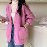 Korean Version Of V-Neck Knitted Cardigan Women 2025 Autumn New Lazy Wind Loose Soft Sweater Coat Women's Clothing HZ0108