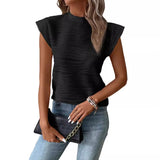 2025 Summer New Semi-High-Neck Texture Wavy Button Short-Sleeved Top HZ0108