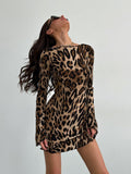 High-End Leopard-Print Dress Spring And Summer Female Design Reveals Backpack Hip Fashion Long-Sleeved Party Club Style Dress Girl HZ0108