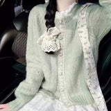 Soft Glutinous Milk Green Lace Round Knitted Jersey Women Autumn New Lazy Windy Loose Sweater Women's Cardigan Coat Women HZ0108