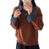 Cowboy Sleeve Splicing Fake Two Sweaters Women's Autumn/Winter 2025 Women's Loose POLO Collar Knitted Knitted Jersey HZ0108