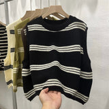 Vintage Collar Striped Knitted Vest Women Early Autumn Korean Version Of Loose Round Collar Without Sleeves Folding Sweater Vest Woman HZ0108
