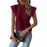 2025 Summer New Semi-High-Neck Texture Wavy Button Short-Sleeved Top HZ0108