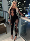 2025 New Hottie Mesh Perspective Sexy Long-Sleeved Collar Lace Jumpsuit HZ0108
