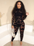 Hot Fashion Sexy Women's Round-Neck Long-Sleeved Hollow Lace Tight Hip Jumpsuit HZ0108