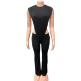 Women's Round Collar Without Sleeves On Both Sides Of The Hollow Black One-Piece Trousers Two Sets HZ0108