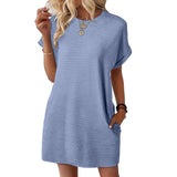 2025 Summer New Loose Round Collar Pocket Solid Color Short-Sleeved Dress Woman HZ0108