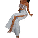 Design Sense In Hottie Hollow Jeans Women Summer Low-Waist Broad-Legged Pendant Diamond Horn Trousers Women's Clothing HZ0108