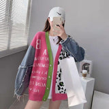 Fashion Leopard Knitted Jacket Autumn 2025 New Splicing Denim Short V-Neck Sweater Women's Coat HZ0108