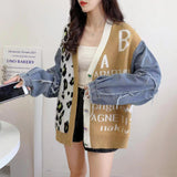 Fashion Leopard Knitted Jacket Autumn 2025 New Splicing Denim Short V-Neck Sweater Women's Coat HZ0108