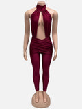 2025 New Women's Fashion Sexy All-Round Collar Hollow Folding Solid Color Jumpsuit HZ0108