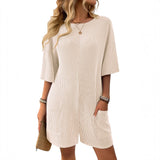 2025 New Lady Loose Pocket Back V-Neck Short-Sleeved Jumpsuit HZ0108