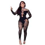 2025 Solid Color Shoulder Long Sleeves Hollow Drill High Waist Repair Body Knitted Jumpsuit Sexy Hollow HZ0108