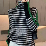European Goods Retro Lattice Thighs Turtleneck Sweater Women's Autumn And Winter Languid Jackets With Thin Inner Knitting Shirt HZ0108