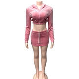 New Solid-Color Fashion Suit Hooded Umbilled Long-Sleeved Sleeve-Shirt With Two-Piece Skirt HZ0108